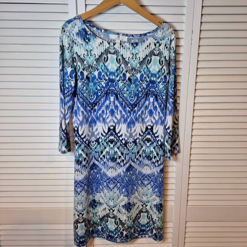 Jean Pierre Klifa Paris Blue Abstract‎ Print Boat Neck 3/4 Sleeve Shift Dress L